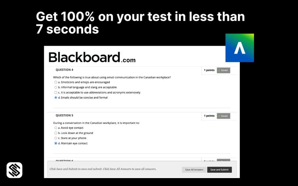 Silent Solver selecting the correct answers on a Blackboard multiple-choice test