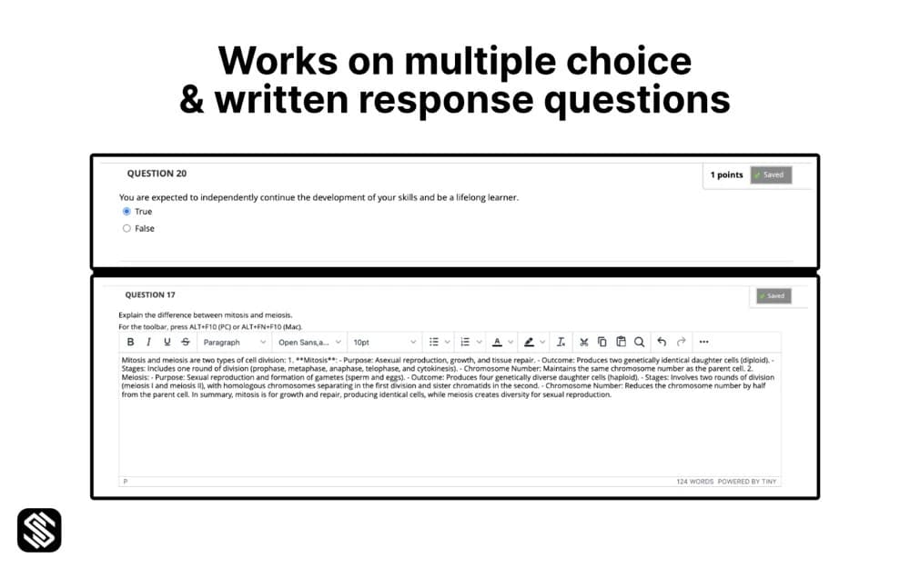 Silent Solver filling a written-response answer into a Blackboard test editor